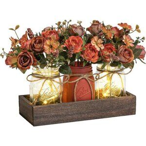 Mason Jar Centerpiece Set with Flowers Wood Tray LED Farmhouse Table Decor